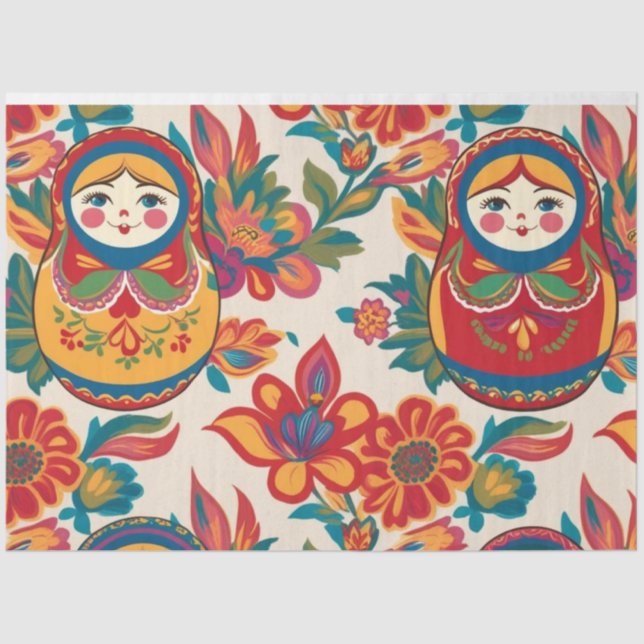Russian Matryoshka Nesting Dolls Floral Decoupage Tissue Paper (Front)