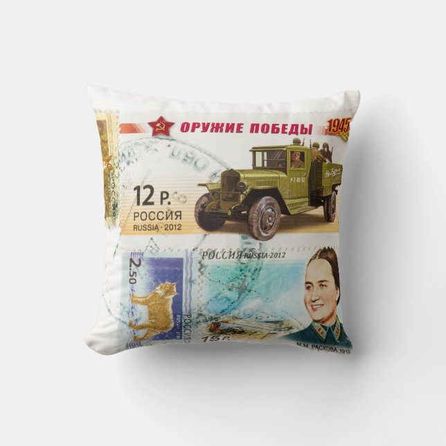 Russian stamps throw pillow (Front)