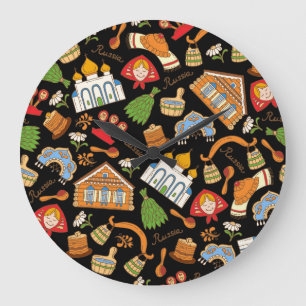 Russian Symbols: Coloured Vintage Pattern. Large Clock