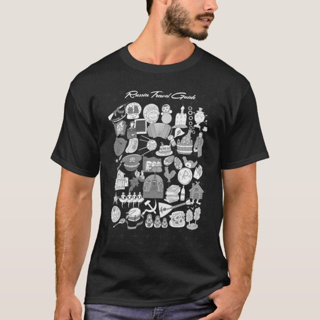 Russian Travel Icons Pattern Black And White T-Shirt (Front)