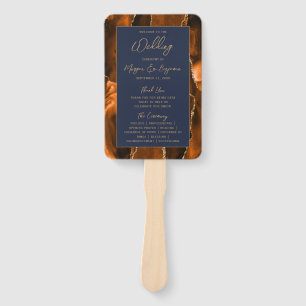 Rust Agate Navy Blue Gold Script Wedding Program Hand Fan