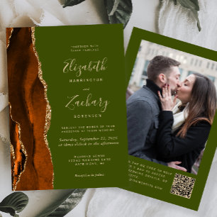 Rust Agate Olive Green Photo QR Code Wedding Invitation
