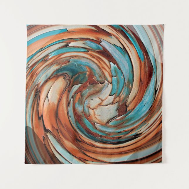 Rust and Blue Abstract Dolphin Swirl Tapestry (Front)
