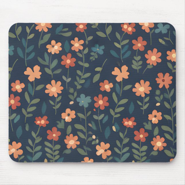 Rust and Coral Daisy Field on Navy Blue Mouse Pad (Front)