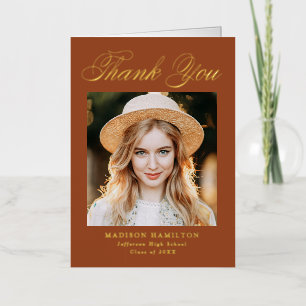 Rust and Gold Script Photo Graduation Thank You Foil Greeting Card