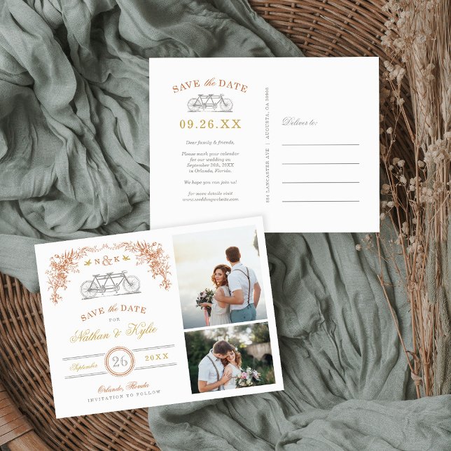 Rust and Honey Bicycle 2 Photo Save the Date Announcement Postcard (Creator Uploaded)