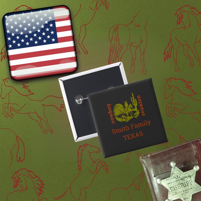 rust and olive green cowboy cactus tree reunion 2 inch square button (Creator Uploaded)