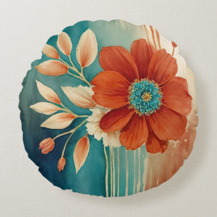 Rust and Turquoise Floral abstract Round Pillow
