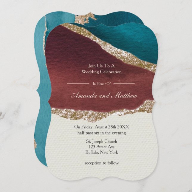 Rust and Turquoise Gold Agate Wedding Invitations  (Front/Back)