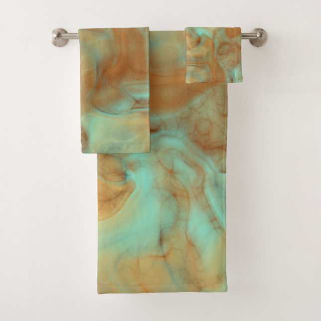 Rust and turquoise Marble abstract Bath Towel Set (Insitu)