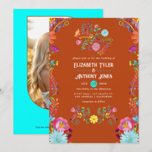 Rust & Aqua Floral Mexican Fiesta Wedding Invitation