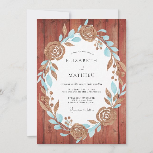 Rust Aqua Wreath Wedding Invitation (Front)