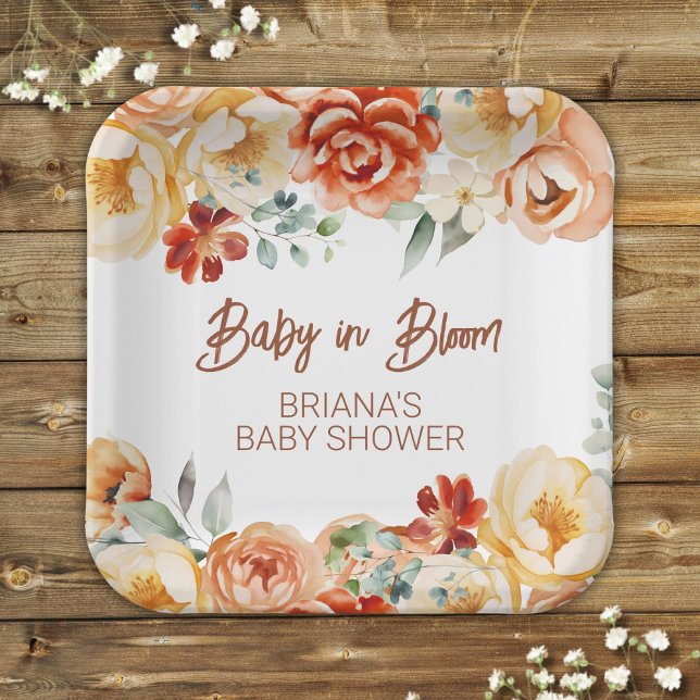 Rust Beige Floral Gender Neutral Baby Shower Paper Plate (Creator Uploaded)