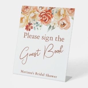 Rust Beige Peach Floral Bridal Shower Guest Book Pedestal Sign