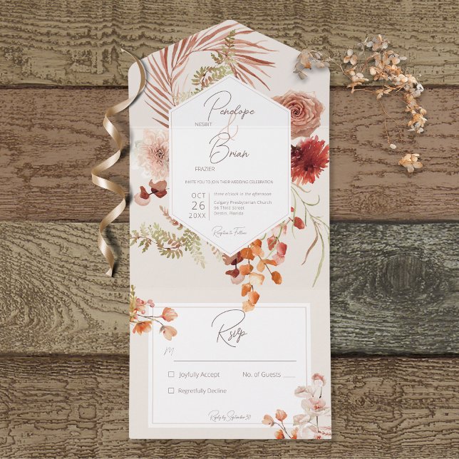 Rust Blush Fall Boho Floral Frame Cream No Dinner All In One Invitation (Creator Uploaded)