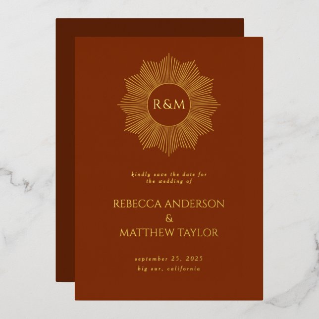 Rust Boho Celestial Sun Monogram Save Date  (Front/Back)