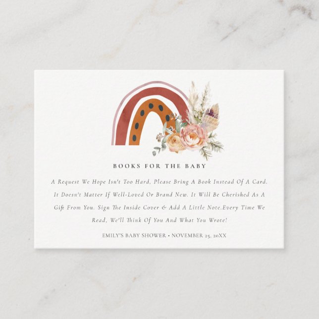 Rust Boho Floral Rainbow Books Request Baby Shower Enclosure Card (Front)