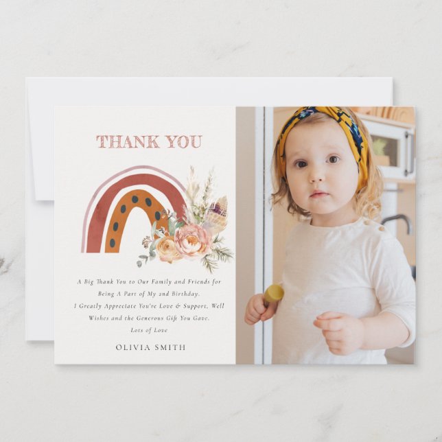 Rust Boho Floral Rainbow Photo Any Age Birthday Thank You Card (Front)