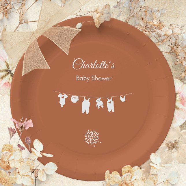 Rust Boho Minimalist Gender Neutral Baby Shower Paper Plate (Rust Boho Minimalist Gender Neutral Baby Shower Paper Plates ©Susanne Sachers - Sunny Mind 🌞)