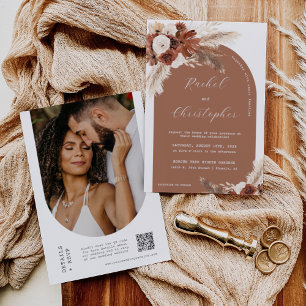 Rust Boho Wedding Pampas Grass Arch Photo QR Code Invitation