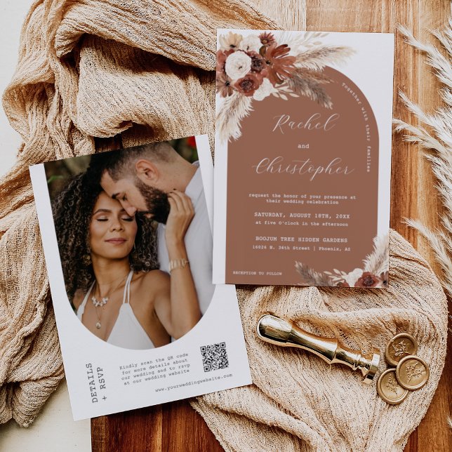 Rust Boho Wedding Pampas Grass Arch Photo QR Code Invitation (Creator Uploaded)
