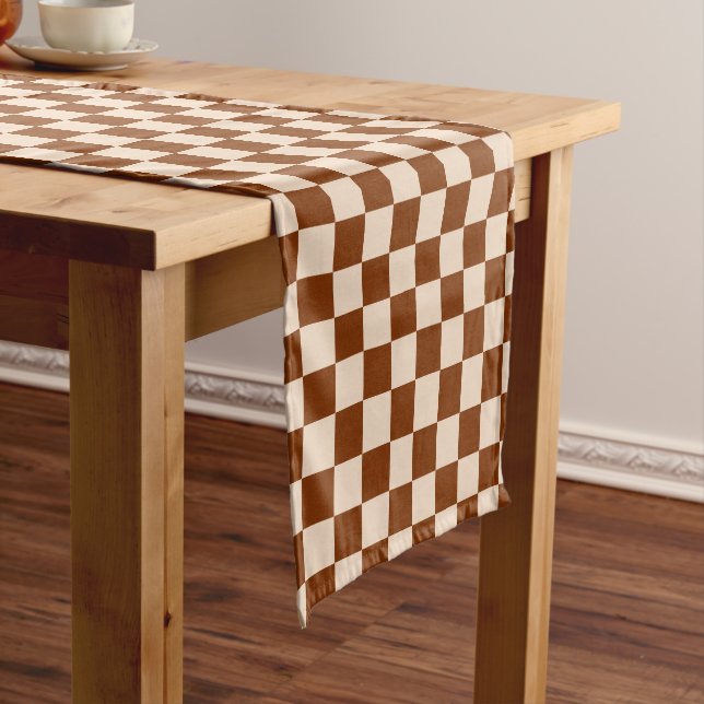Rust brown and beige chequerboard pattern short table runner (In Situ)