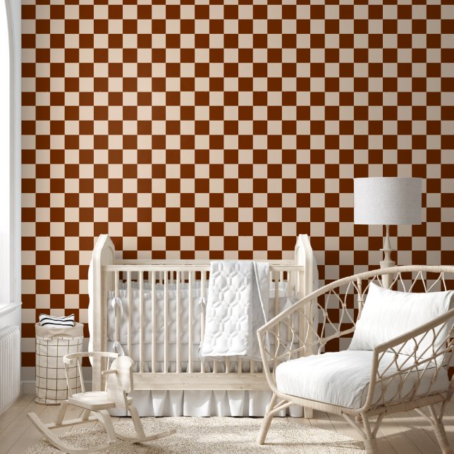 Rust brown and beige chequerboard pattern wallpaper (Kids)