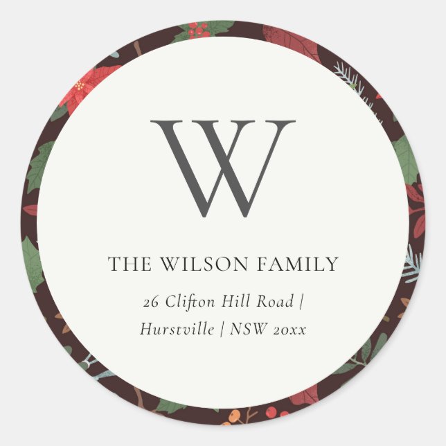 Rust Brown Berry Christmas Flora  Monogram Address Classic Round Sticker (Front)