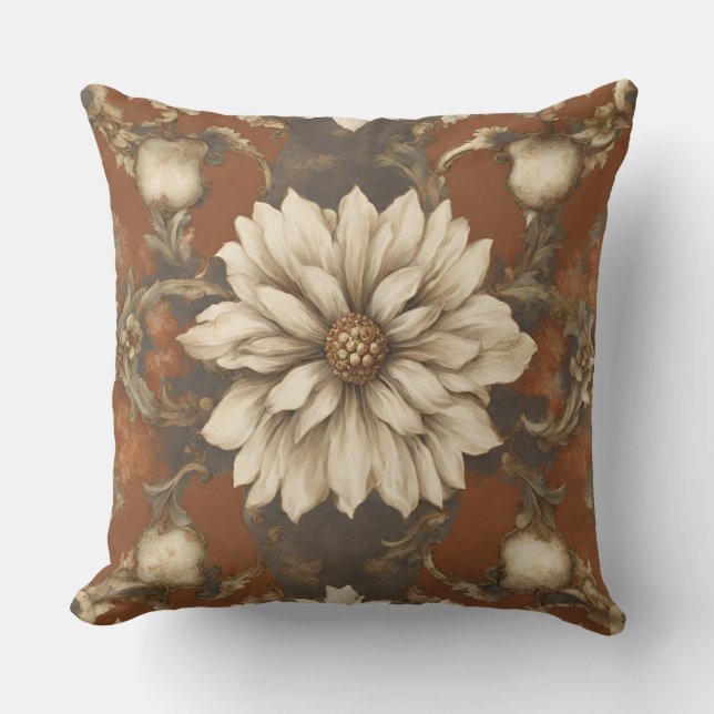 Rust Brown Cream Baroque Floral Throw Pillow (Front)
