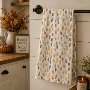 Rust Brown Cream Grey Watercolor Fall Leaf Pattern Kitchen Towel