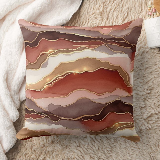 Rust Brown Gold Marble Contemporary Throw Pillow (Blanket)