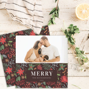 Rust Brown Merriest Christmas Floral Pattern Photo Holiday Card