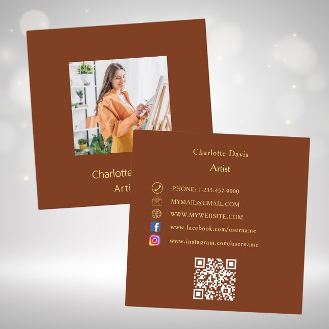 Rust brown photo QR code social media Square Business Card (Creator Uploaded)
