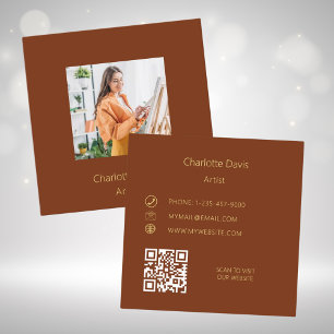Rust brown photo QR code Square Business Card