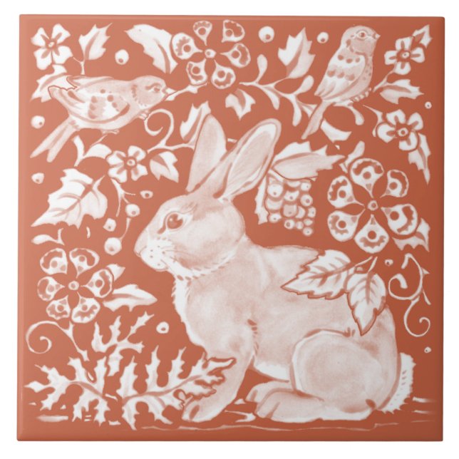 Rust Brown Rabbit Bunny Bird Woodland Rustic  Tile (Front)