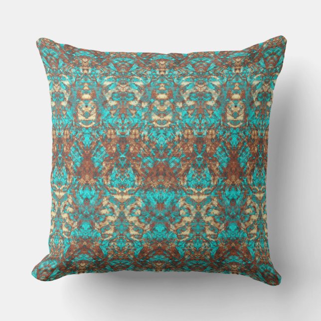 Rust Brown Turquoise Green Ornate Scratch Damask Throw Pillow (Front)