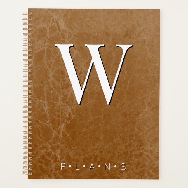 Rust Burnt Orange Modern Marble Monogram Planner (Front)