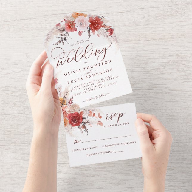 Rust Burnt Orange Terracotta BOHO Wedding RSVP All In One Invitation (Tearaway)