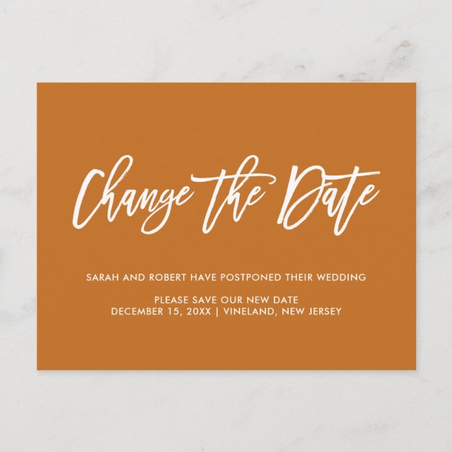 Rust | Change date Postponed Cancelled wedding Announcement Postcard (Front)