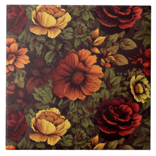 Rust Color Vintage Floral Print Tile