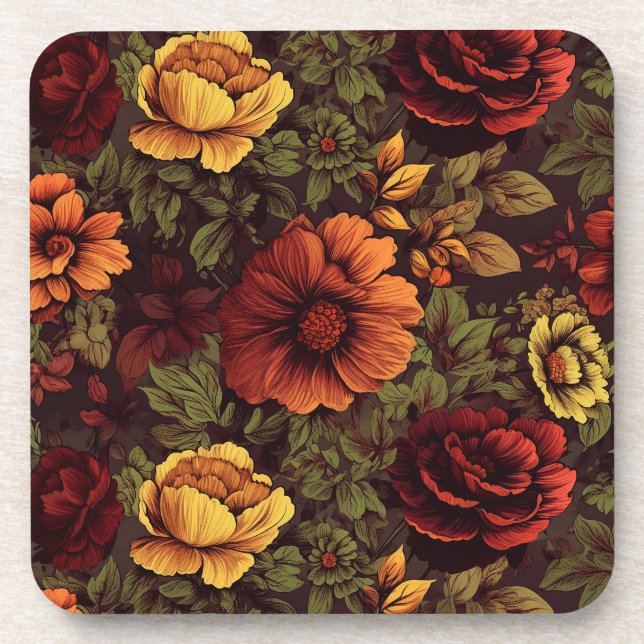 Rust Colour Vintage Floral Print Coaster (Front)