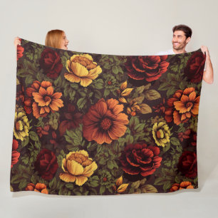 Rust Colour Vintage Floral Print Fleece Blanket