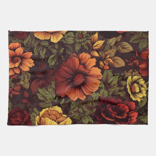 Rust Colour Vintage Floral Print Kitchen Towel (Horizontal)