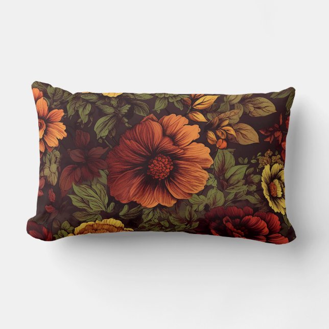 Rust Colour Vintage Floral Print Lumbar Pillow (Front)