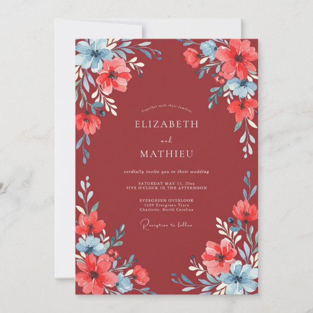 Rust Coral Wildflower Wedding Invitation (Front)
