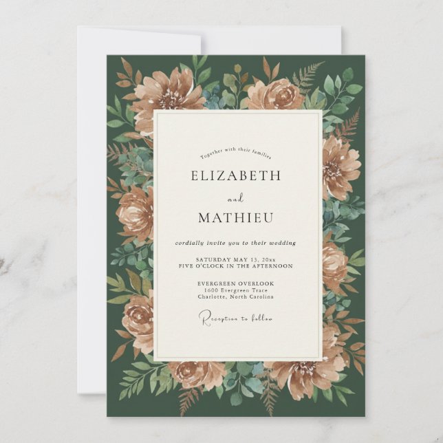Rust Emerald Peony Wedding Invitation (Front)