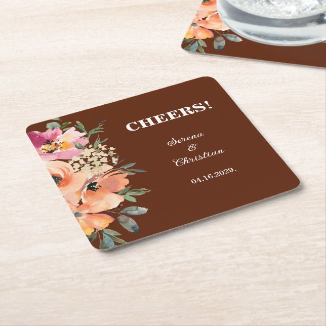 Rust Floral Cheers Square Paper Coaster (Angled)