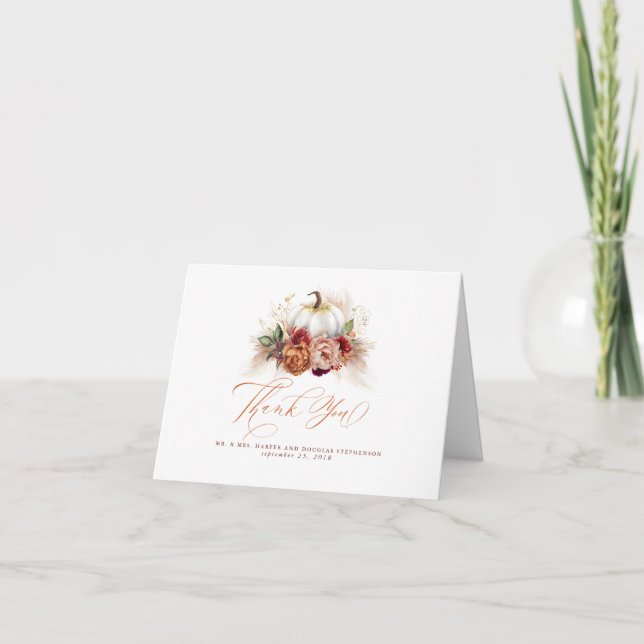 Rust Floral Pampas Grass Pumpkin Wedding Thank You (Front)
