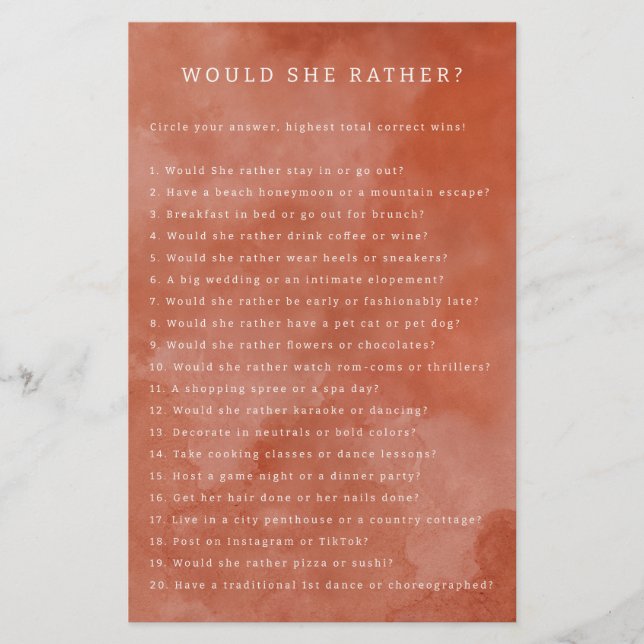 Rust Floral Would She Rather Game (Front)