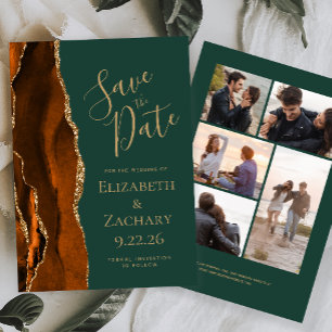 Rust Gold Agate 5-Photo Green Save the Date Card